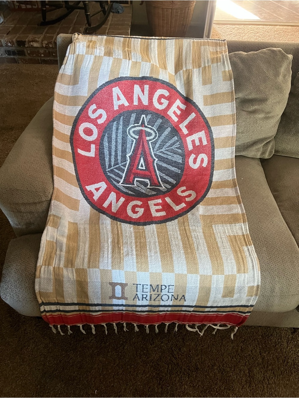 Los Angeles Angels Red and Tan tapestry/lap blanket- Tempe Arizona